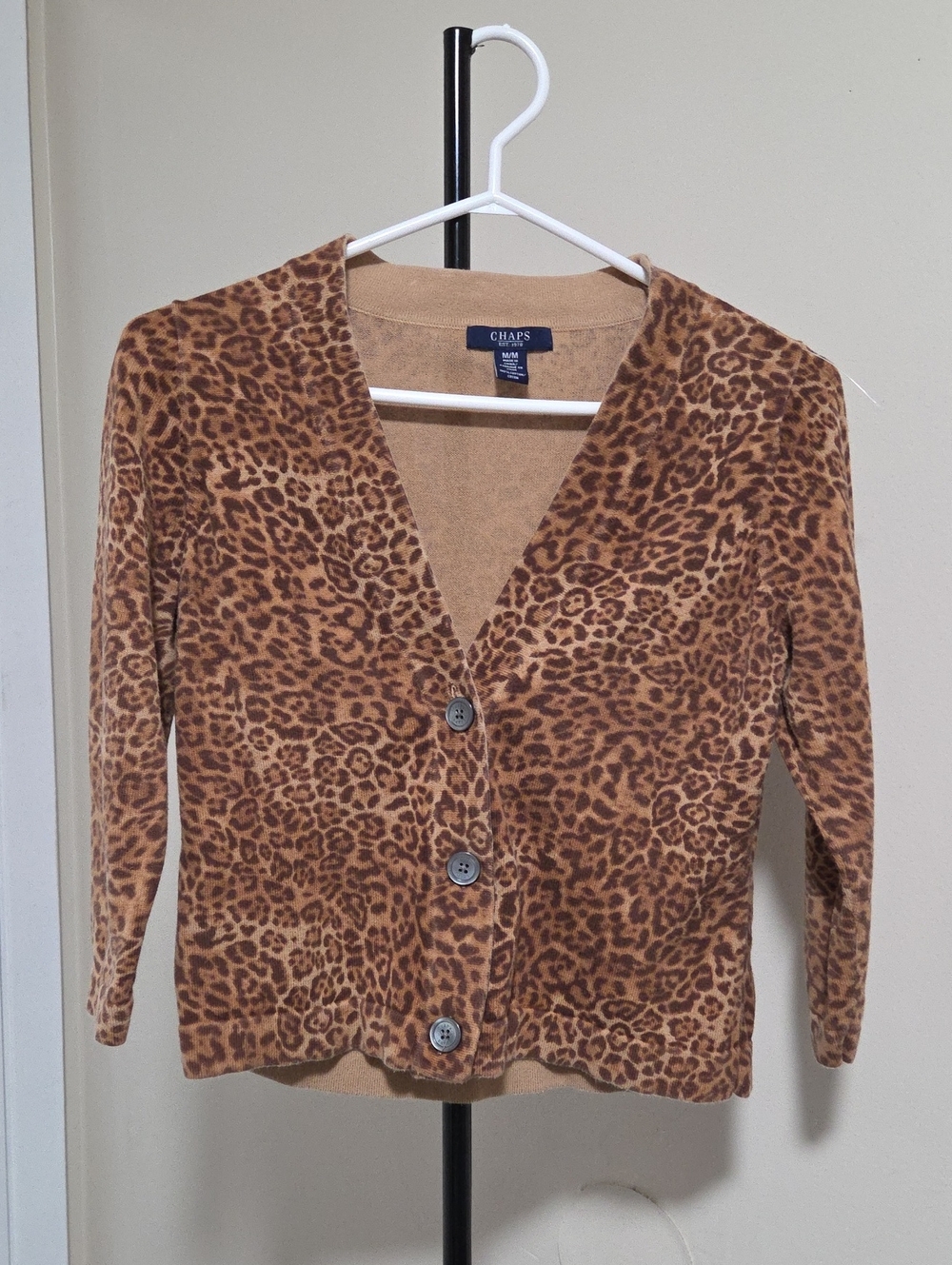 Chaps 100% Cotton Blend Leopard Print Button-Front Cardigan - Tan & Brown
